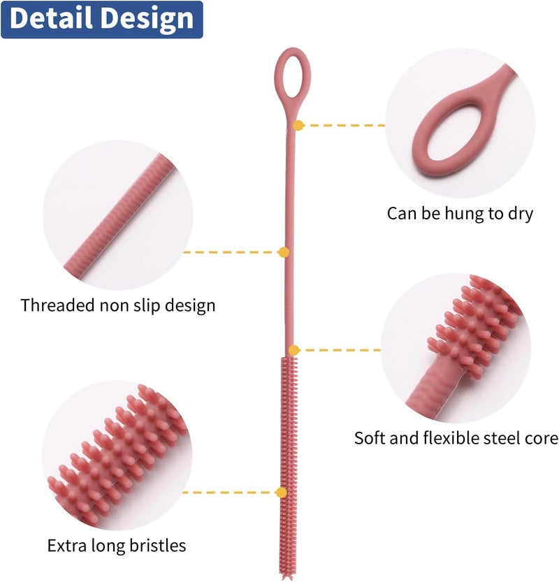 Kimryde Silicone Straw Cleaner Brush, 2Pcs Reusable Straw Brush Extra Long for Cleaning Tumbler with Handle and Glass Metal Smoothie Straws, Non-slip Handle Soft and Bendable, 6mm+9mm (Pink) - Image 3